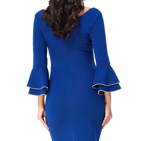 DOUBLE FRILL SLEEVE MIDI DRESS WITH DIAMANTE TRIM - Picture 2 of 3